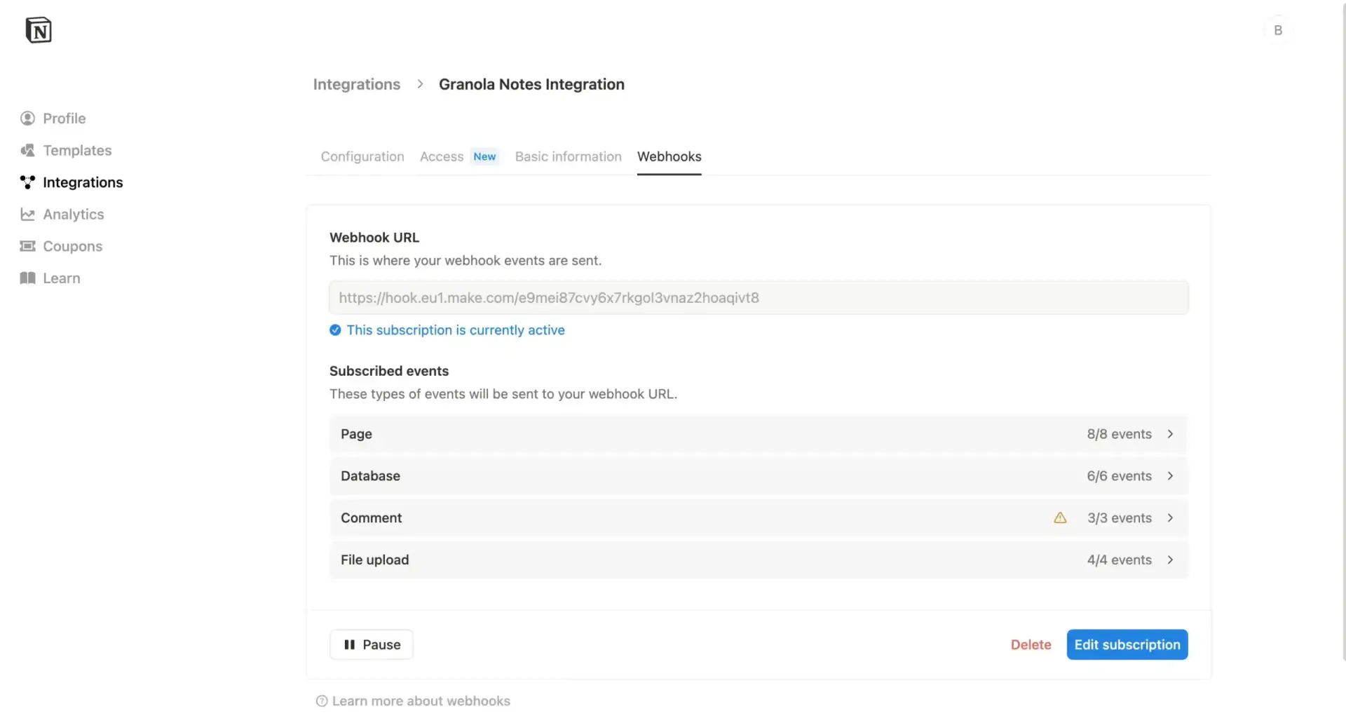 Granola AI Meeting Notes Integration using Webhook in Notion